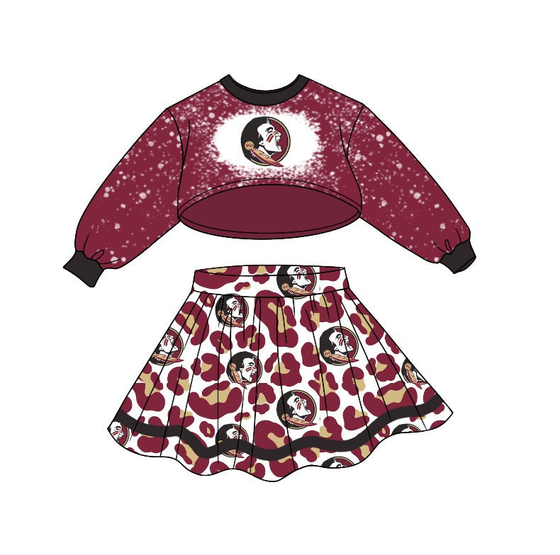 MOQ 5 feather maroon bleached top leopard skirt girls team clothes