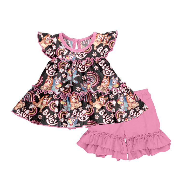 MOQ 3  dog rainbow tunic pink ruffle shorts girls clothes