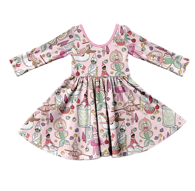 MOQ  5 pink green face fish kids girls Christmas dress