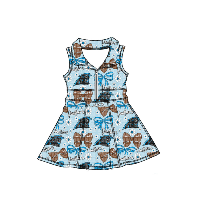 MOQ 5 pcs sleeveless panthers bow girls zipper team athletic dress