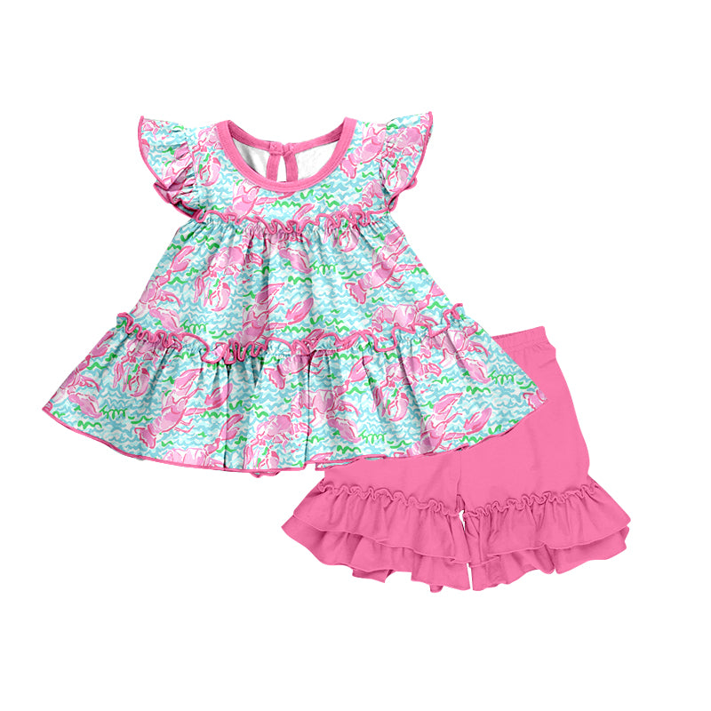 MOQ 3  watercolor crawfish top ruffle shorts girls outfits
