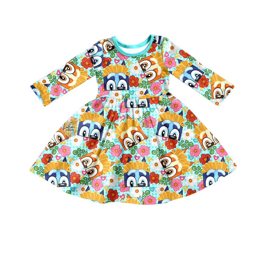 MOQ 5 dog fries floral long sleeves girls dresses