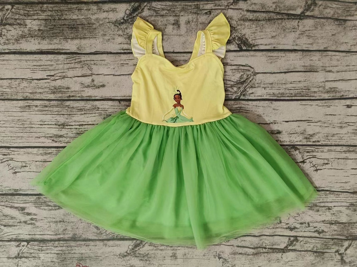 MOQ 5 flutter sleeves yellow green princess girls tulle dress