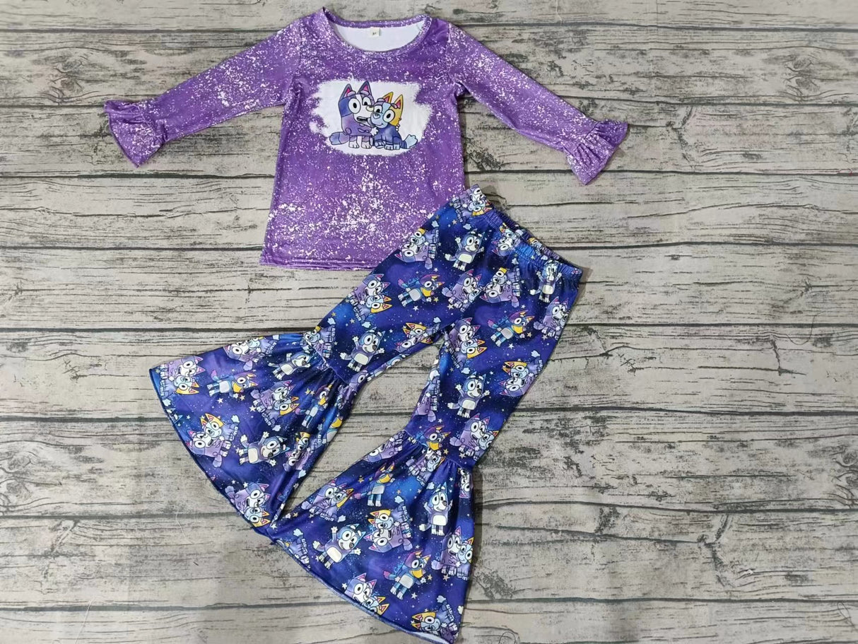 MOQ 3 pcs purple bleached dogs top pants girls clothes