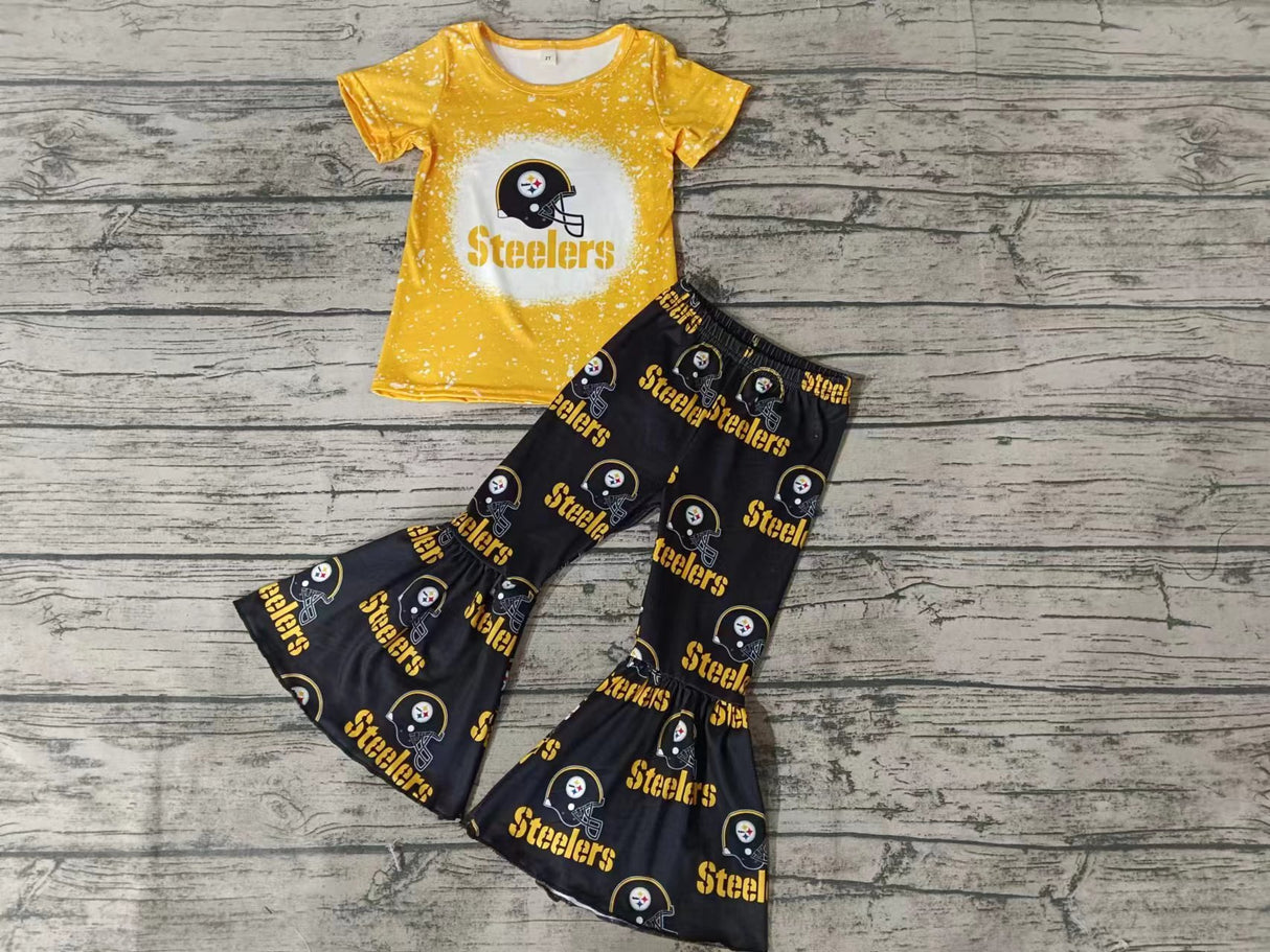 MOQ 3 pcs yellow bleached top black pants girls team outfits