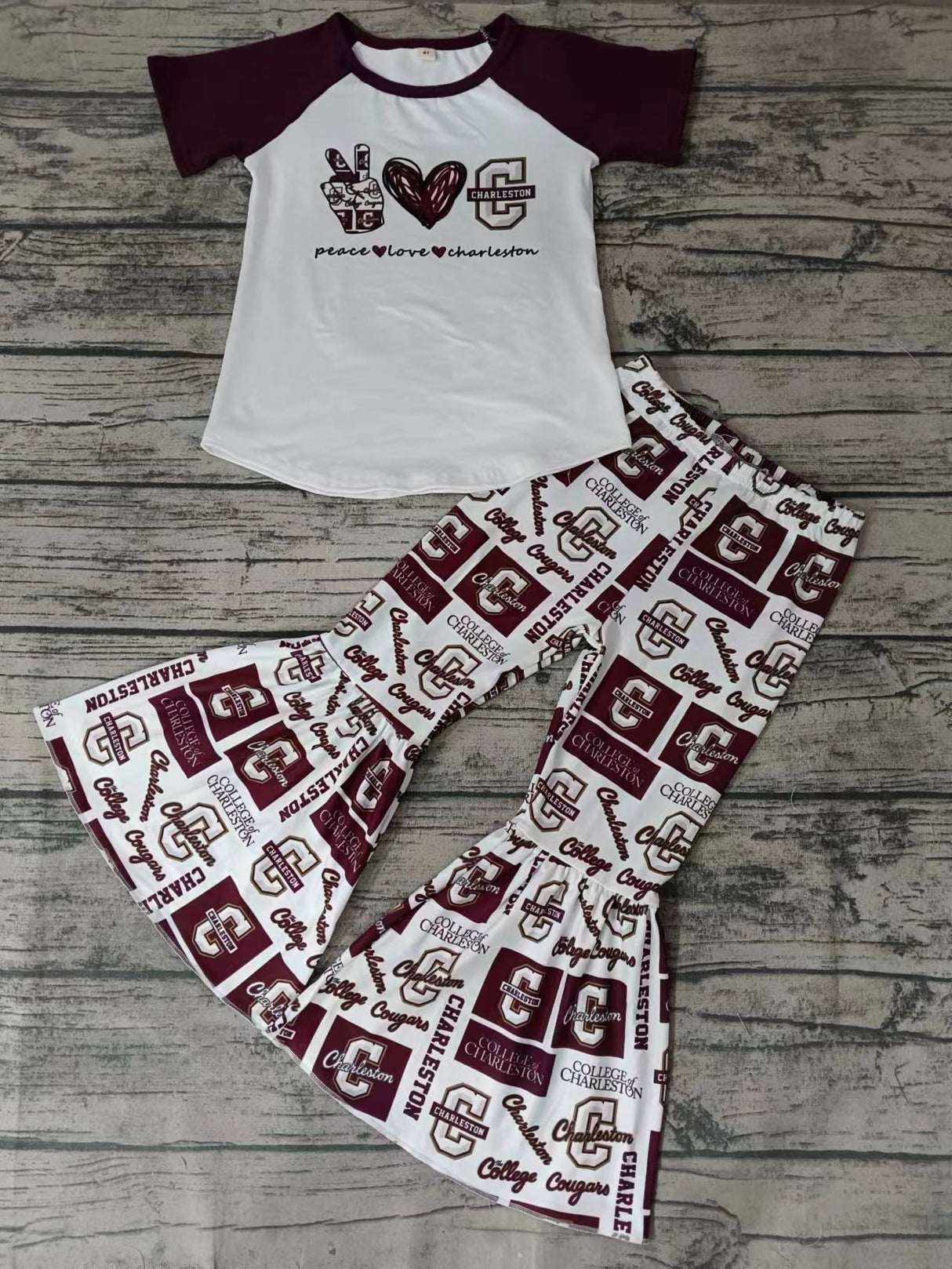 MOQ 3 pcs peace love C maroon kids girls team clothes