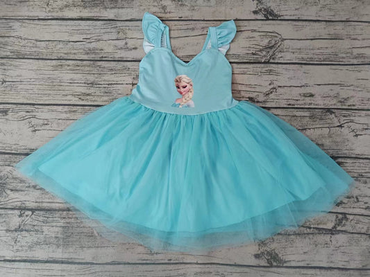 MOQ 5 Flutter sleeves light blue ice princess girls tulle dress