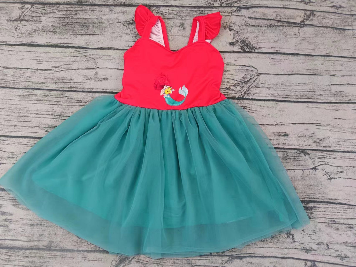 MOQ 5 Flutter sleeves red green fish princess girls tulle dress
