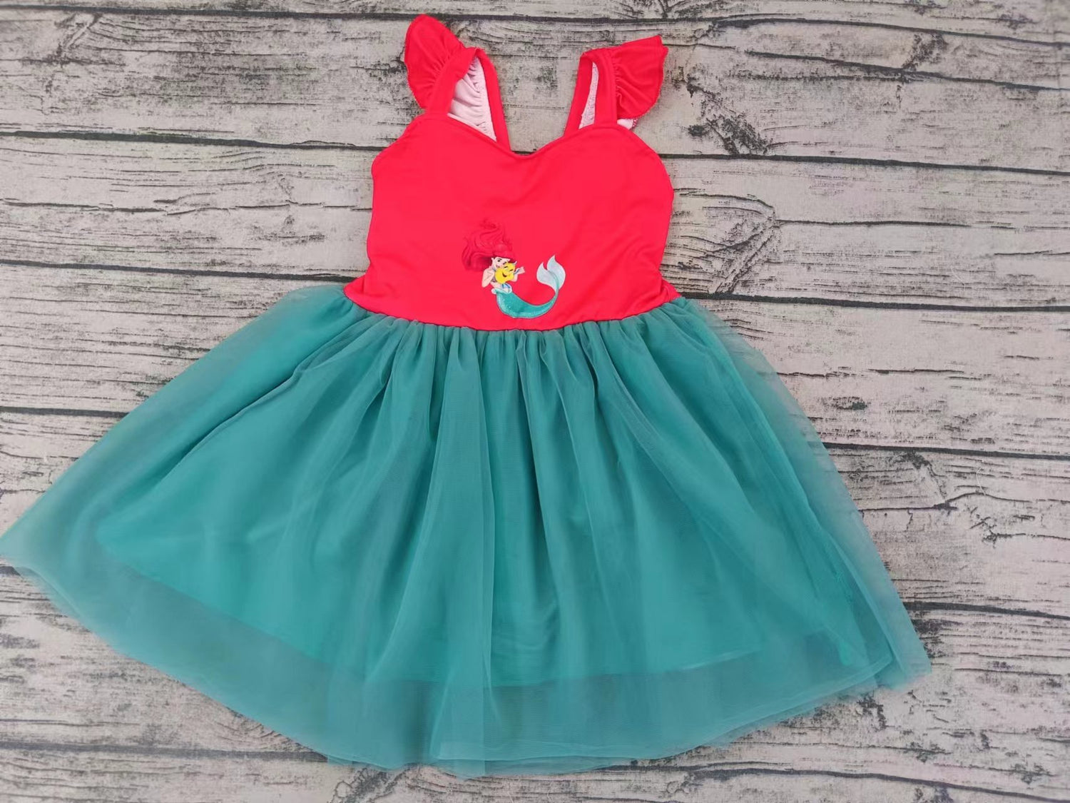 MOQ 5 Flutter sleeves red green fish princess girls tulle dress