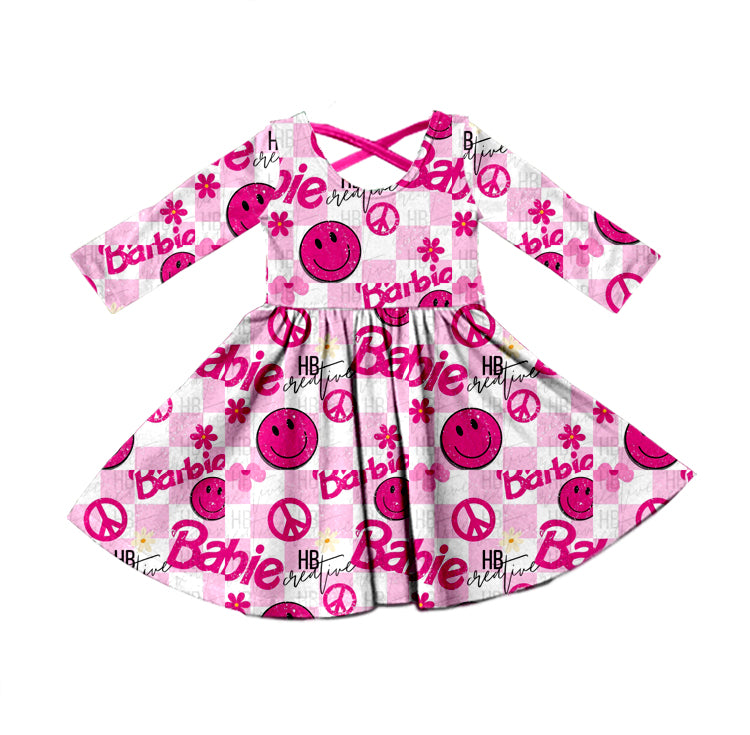 MOQ 5 hot pink plaid smile floral party girls dresses