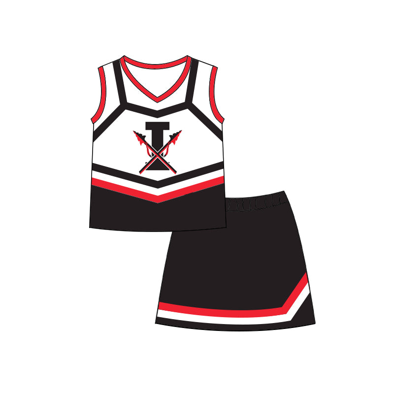 MOQ 3 pcs sleeveless I red black top skirt girls team clothing