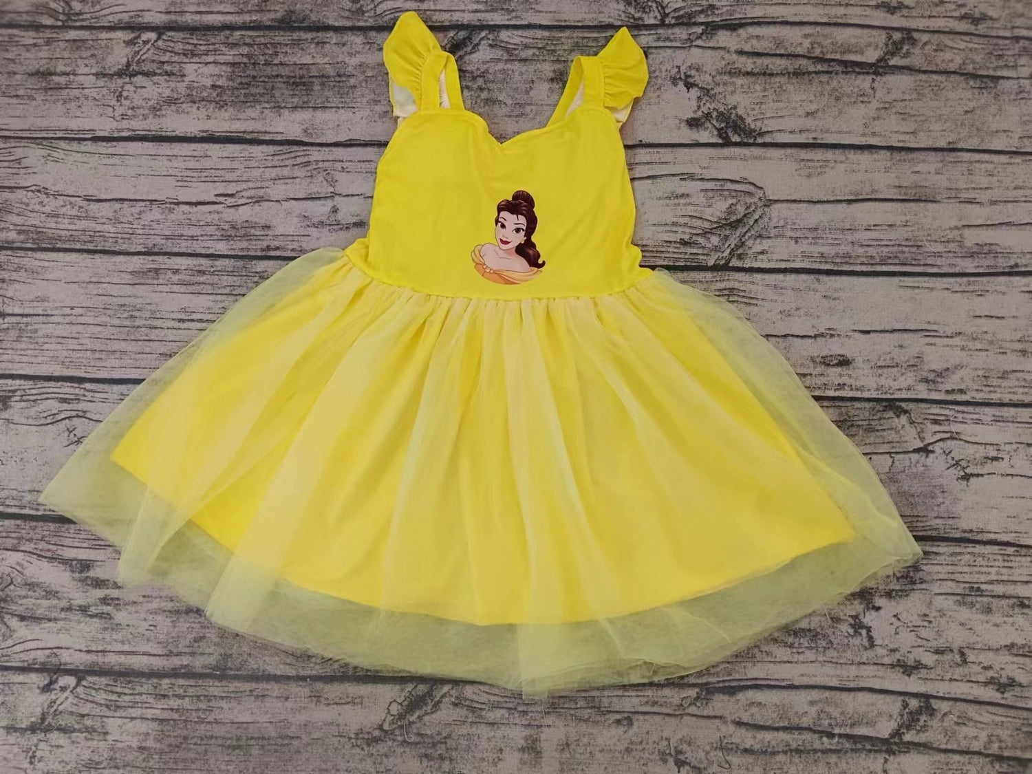 MOQ 5 Flutter sleeves yellow rose princess girls tulle dress
