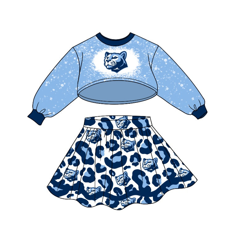MOQ 5 light blue bleached top leopard skirt girls team clothes