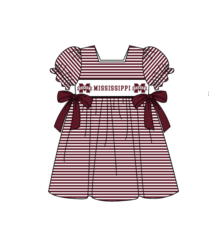 MOQ 5 pcs Short sleeves maroon stripe bow M girls team dresses