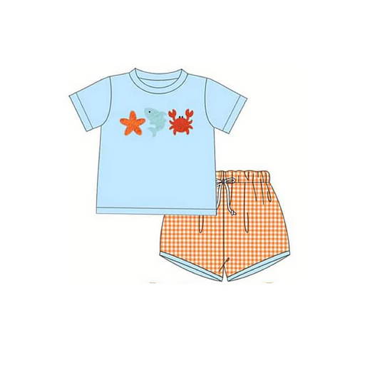 Deadline May 17 fish crab top plaid shorts boys summer set