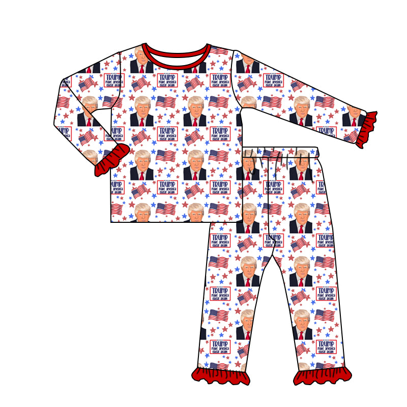 Deadline March 16 red ruffle long sleeves flag girls pajamas
