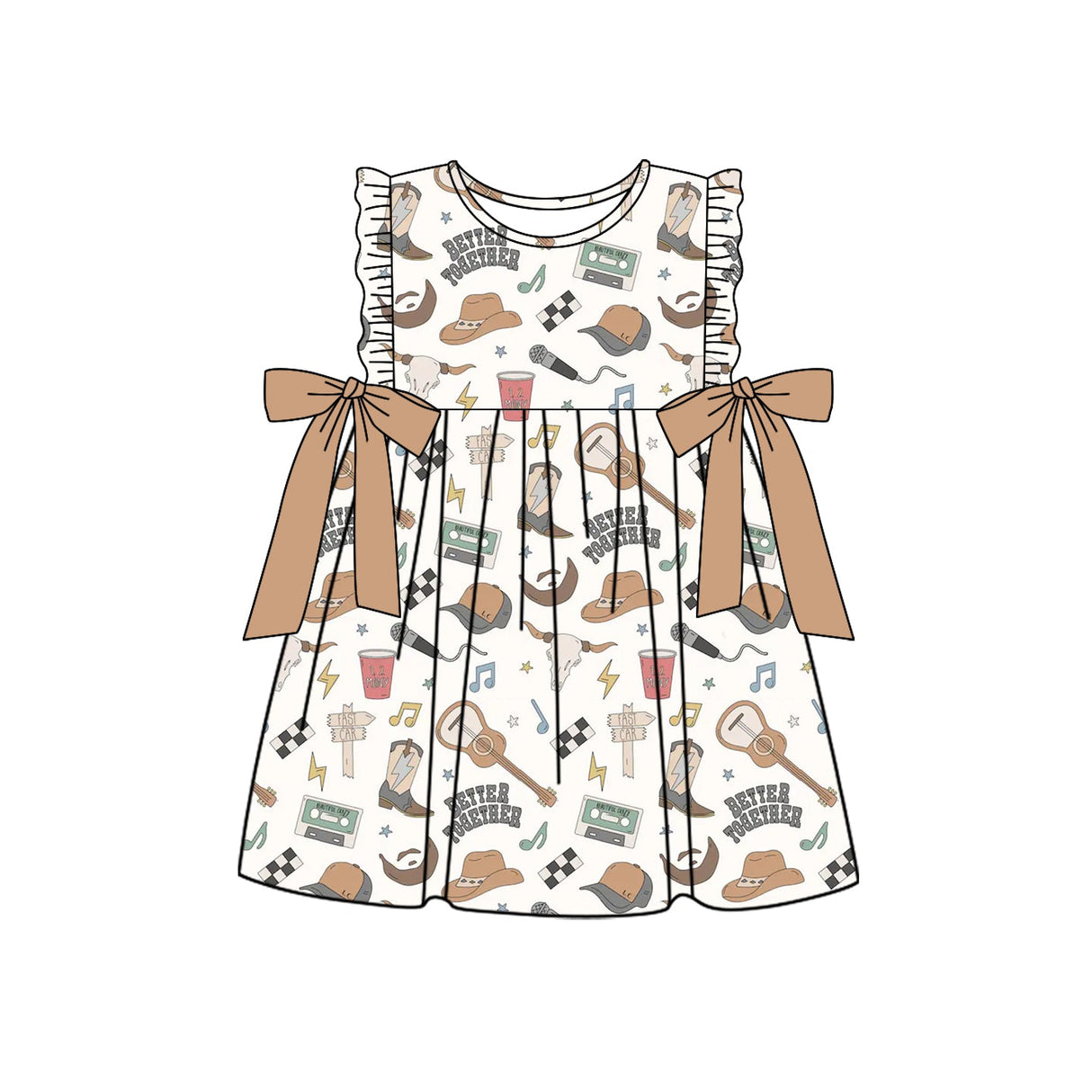 Ruffle khaki bow bull skull western baby girls dresses