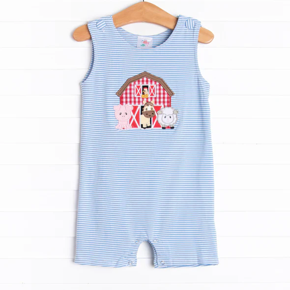 Deadline Feb 4 sleeveless pig cow sheep stripe farm boy romper
