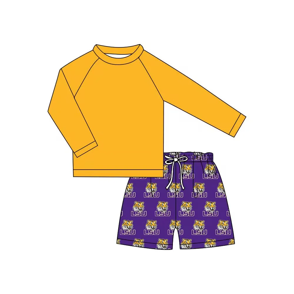 Deadline Feb 17 yellow top tiger L S U swim trunks boys team clothes