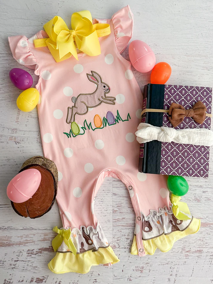 Deadline Feb 17 flutter sleeves bunny egg baby girls easter romper