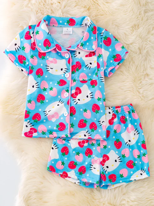 Deadline Feb 27 blue cat strawberry baby girls button down pajamas