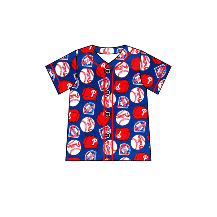 MOQ 3 pcs short sleeves buttons baseball P kids team shirt