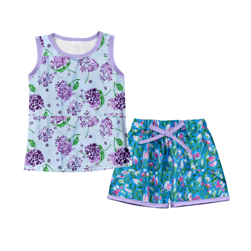 MOQ 3 pcs sleeveless lavender floral top shorts kids girls outfits