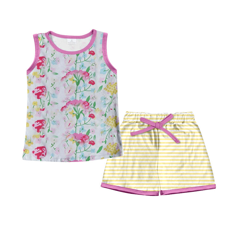 MOQ 3 pcs sleeveless floral top yellow stripe shorts kids girls outfits