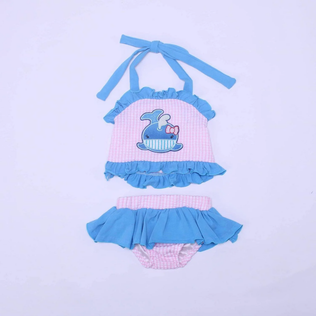 Deadline March 2 shark bow plaid stripe milk silk girls swimsuit
