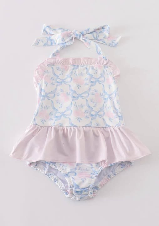 Deadline March 2 pink ruffle light blue bow floral girls jumpsuit
