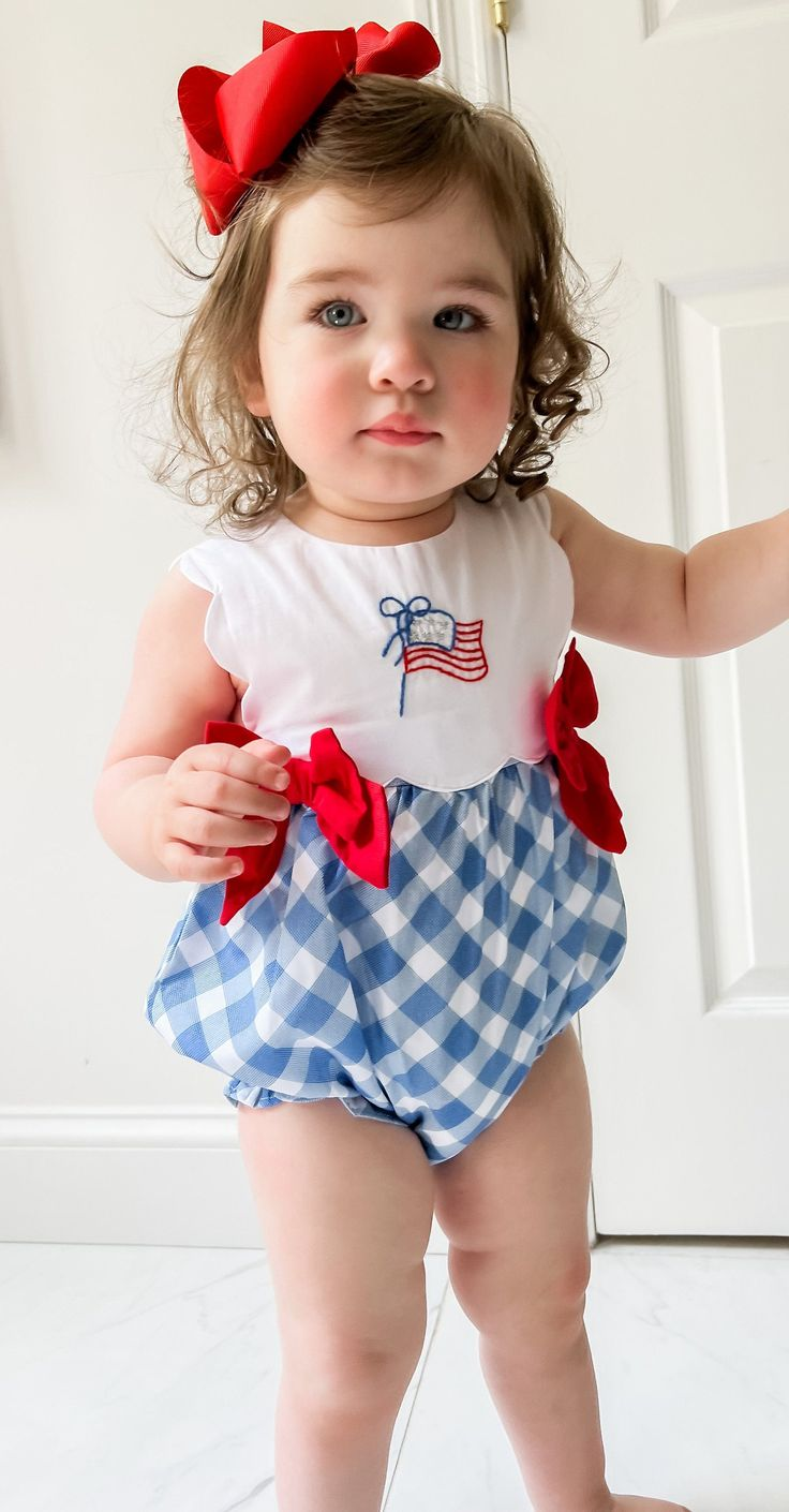 Deadline March 2 sleeveless flag plaid baby girls 4th of july romper