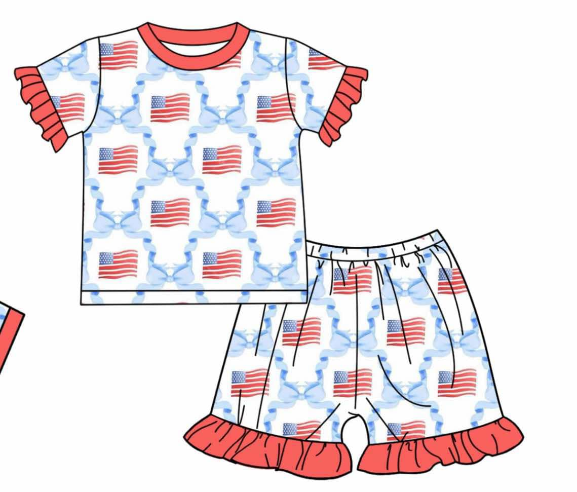 Deadline March 5 short sleeves flag bow kids girls 4th of july pajamas
