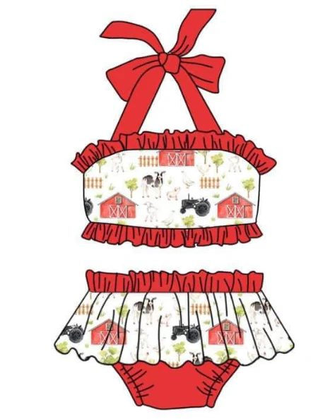 Deadline March 16 red halter farm print girls 2 pcs swimsuit
