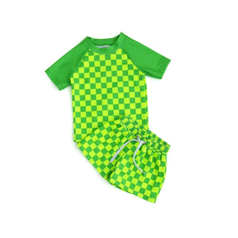 Deadline March 25 green plaid top shorts kids boys swim set
