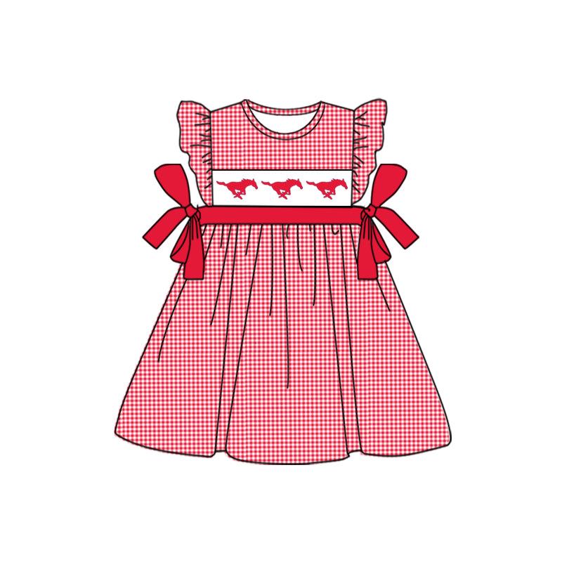 MOQ 5 pcs red plaid horse kids girls team dresses