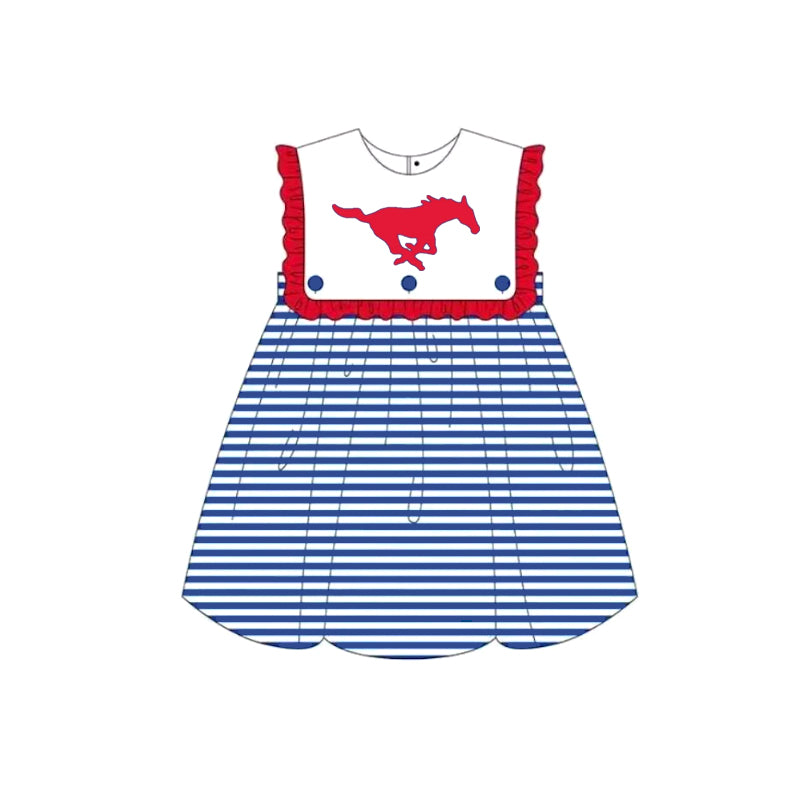 MOQ 5 pcs blue stripe sleeveless horse kids girls team dresses