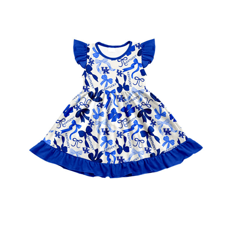 MOQ 3 pcs flutter sleeves blue bows U K girls team dress