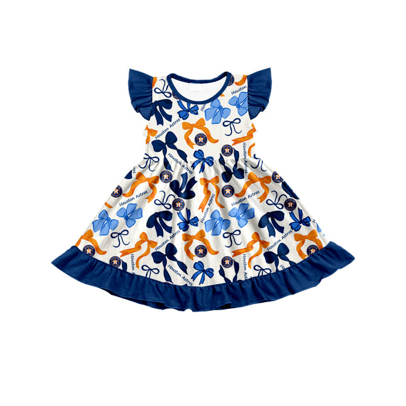 MOQ 3 pcs flutter sleeves blue bows H girls team dress