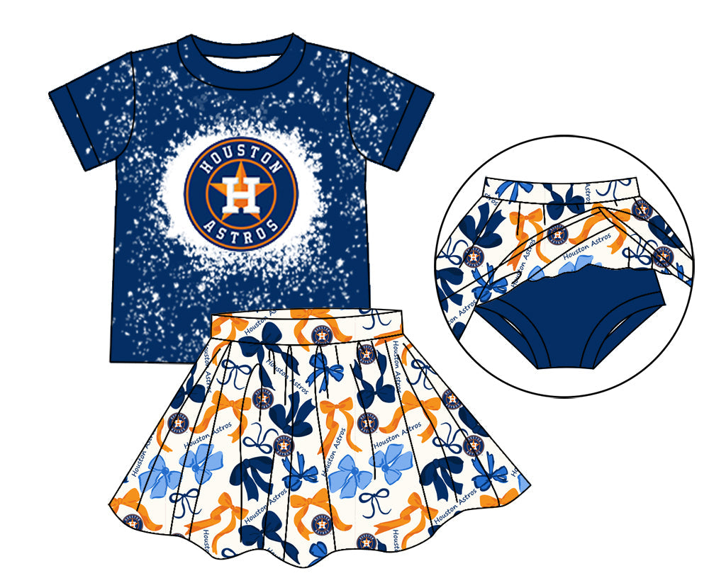 MOQ 3 pcs Navy H bleached top bow skirt girls team outfits