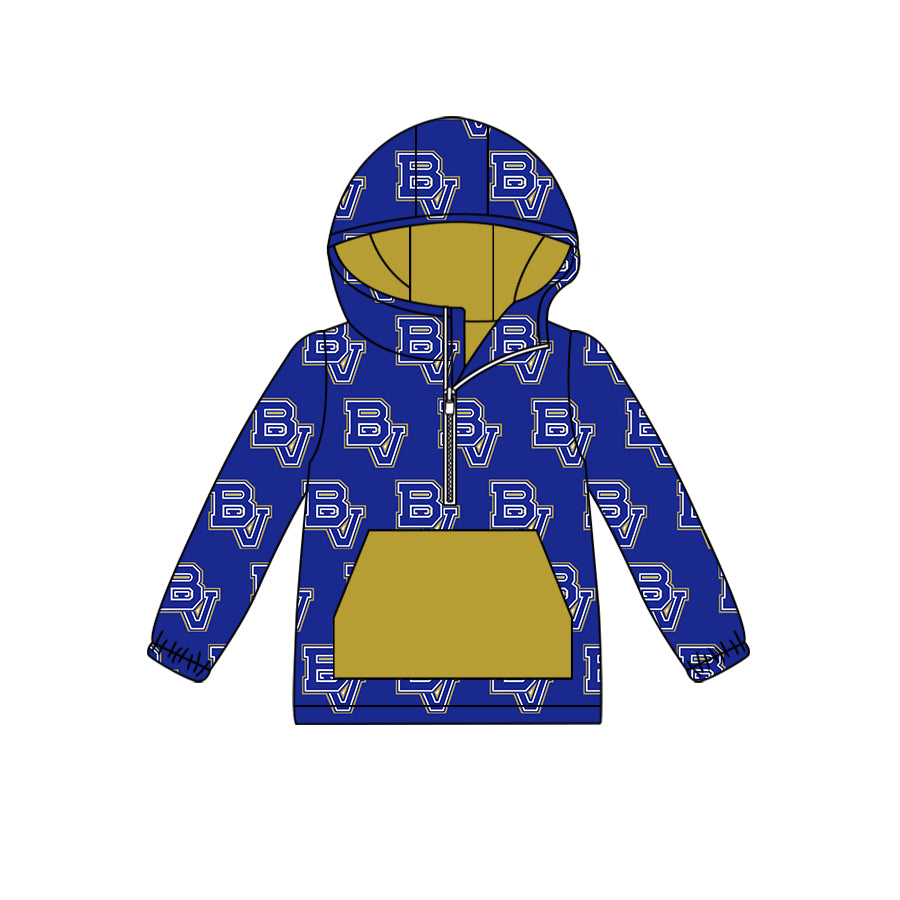 MOQ 3 blue B V long sleeves pocket kids team zipper hoodie
