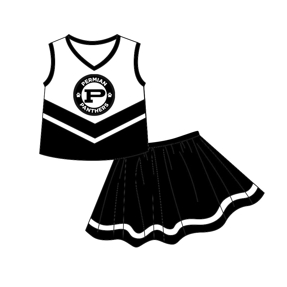 MOQ 3 pcs P black sleeveless top skirt girls team outfits