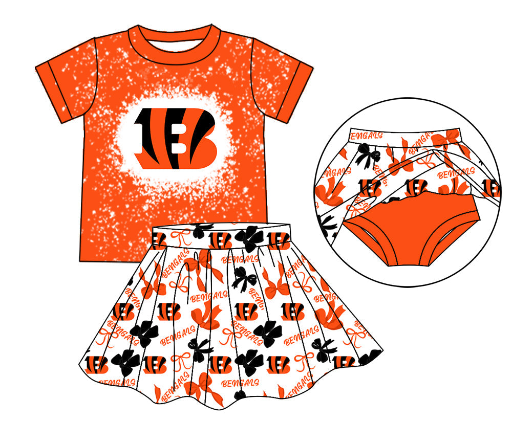 MOQ 3 pcs orange B bleached top bow skirt girls team outfits