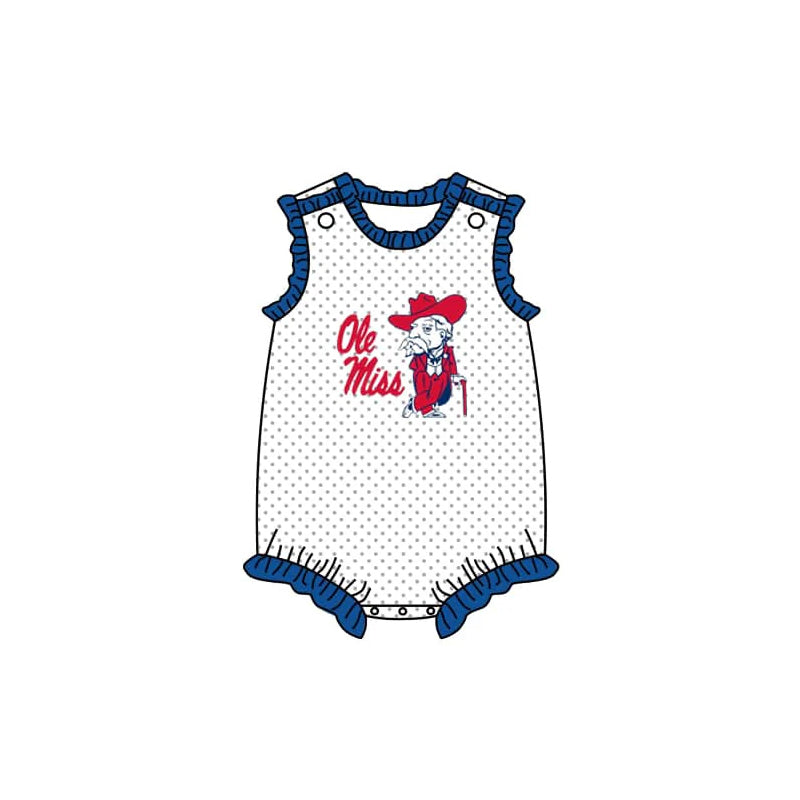 Deadline July 4 blue ruffle polka dots baby girls team romper