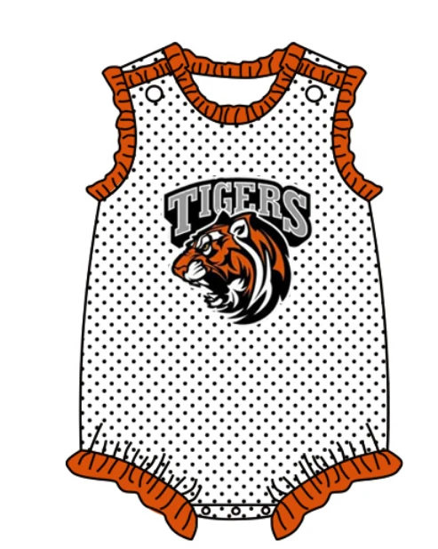 Deadline July 5 2025 orange ruffle polka dots baby girls team romper