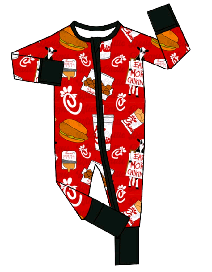Deadline July 10 2025 red hamburger cow baby kids zipper romper