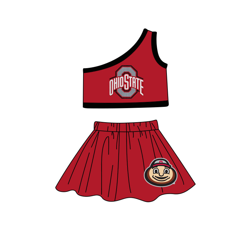 MOQ 3 pcs O one shoulder top red skirt girls team outfits