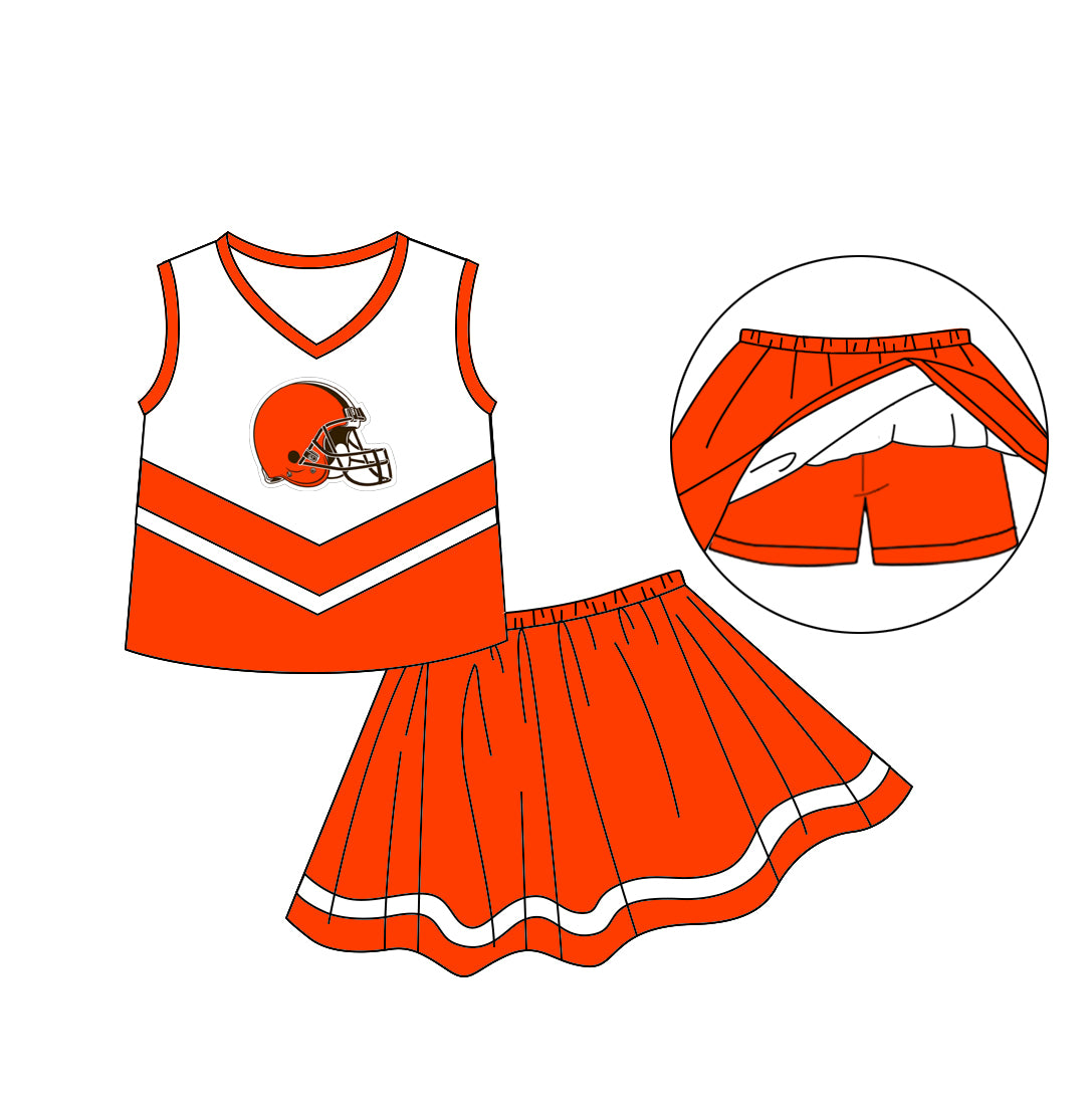 MOQ 3 pcs orange helmet top skirt kids girls team outfits