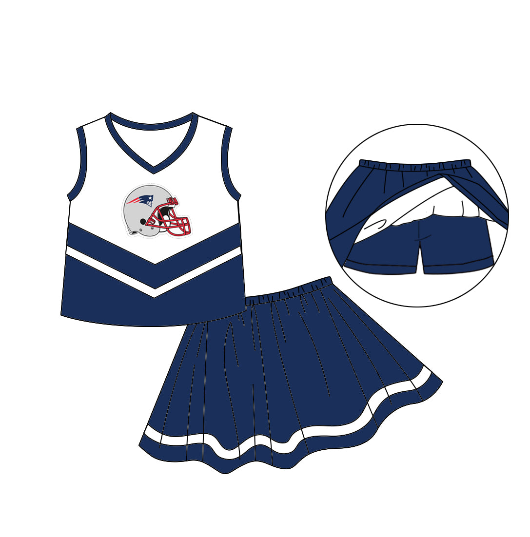 MOQ 3 pcs helmet top navy skirt kids girls team outfits
