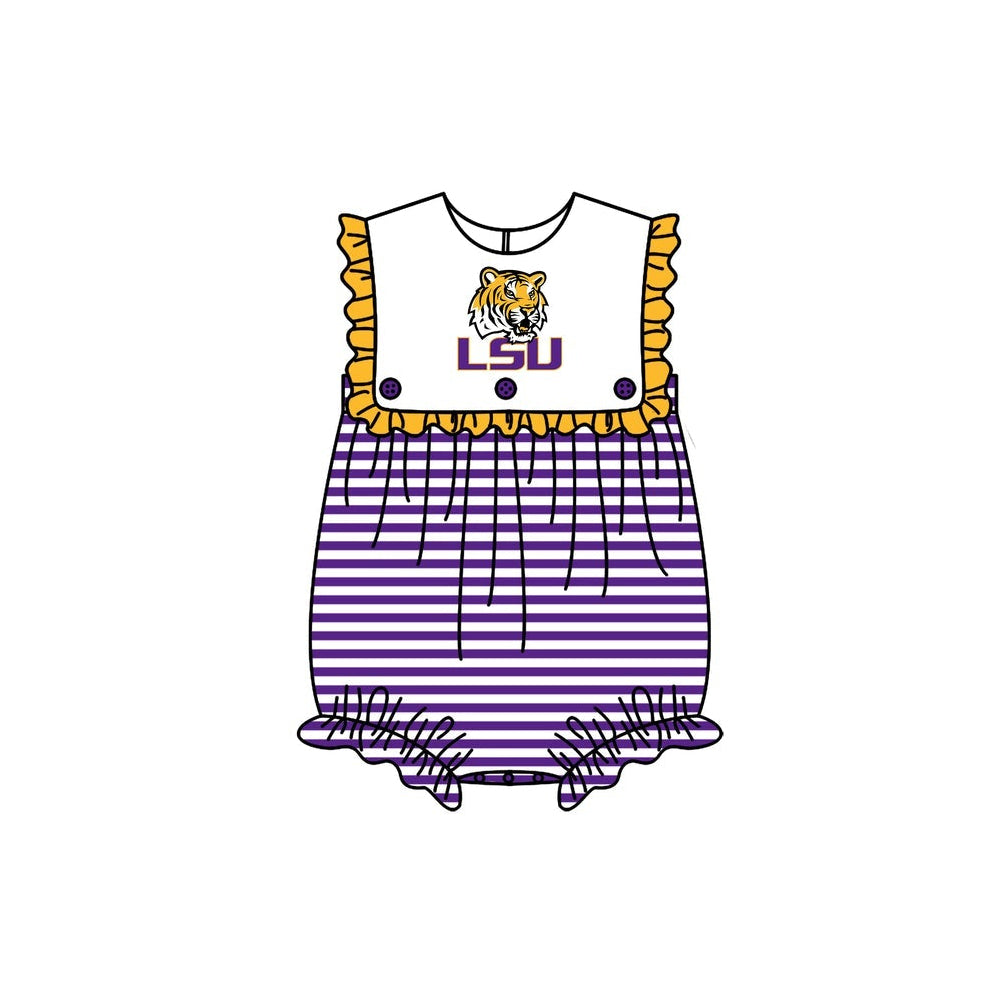 Deadline July 22 2025 tiger ruffle stripe baby girls team romper