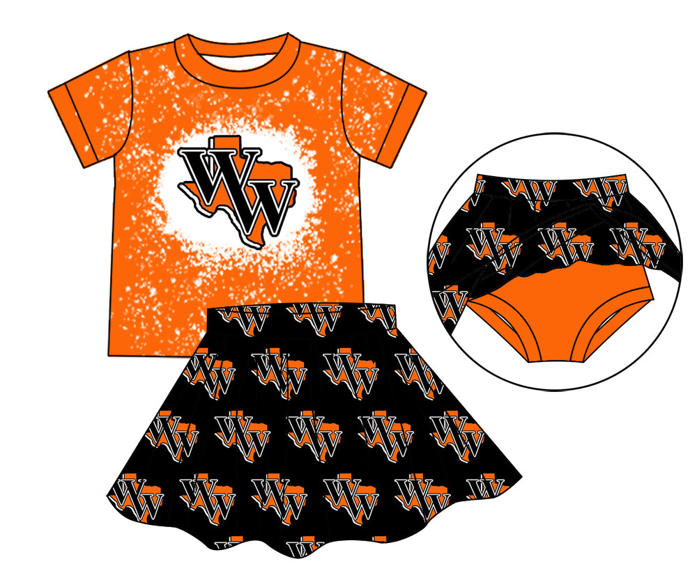 MOQ 3 pcs orange short sleeves W W bleached top skirt girls team clothes